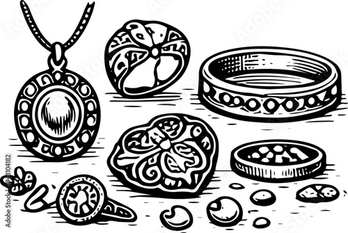 Black and White Hand Drawn Vector Illustration of Finished Jewelry Pieces Pendant Ring Bracelet and Brooch
