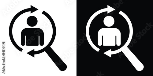 Silhouette of a person inside a magnifying glass with circular arrows. Vector icon representing candidate searching, recruitment cycles, user tracking, and human resources discovery.