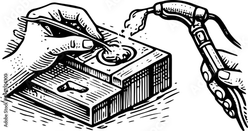 Black and White Vintage Line Art Vector Illustration of Jeweler Hands Crafting Ring on Mold with Tools