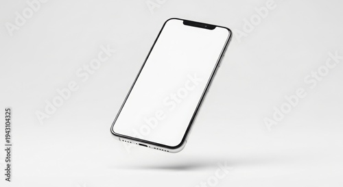 A sleek smartphone with a blank screen floating in mid-air against a clean white background