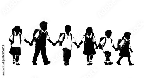 children holding hands in line.
