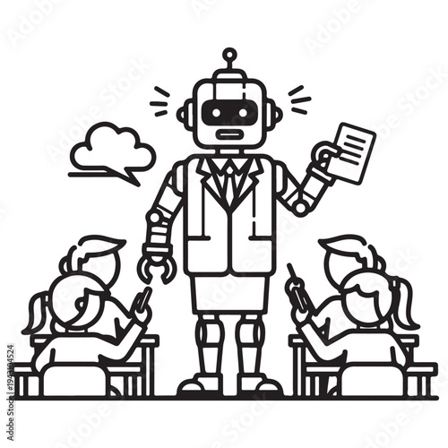 Outline Illustration of AI Robot Teacher Educating Students with Devices