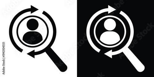 Silhouette of a person inside a magnifying glass with circular arrows. Vector icon representing candidate searching, recruitment cycles, user tracking, and human resources discovery.