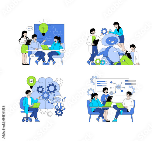 Collaborative Teamwork on AI Development Vector Illustration