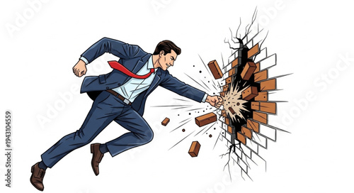 Man in Suit Breaking Through Wall.