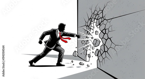 Man in Suit Breaking Wall.