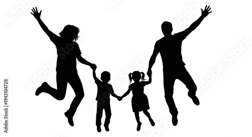 Family jumping together in silhouette.