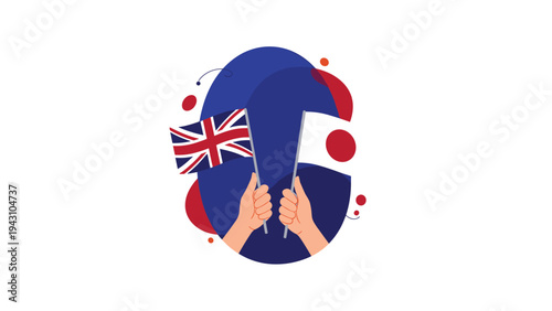 Illustration of hands holding flags of the United Kingdom and Japan together, representing international relations and cooperation.
