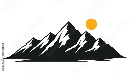 Silhouette of a jagged mountain range set against a white background with a bright orange sun hanging in the clear sky above.