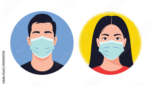 Illustration featuring a man and a woman wearing protective medical face masks, emphasizing health safety and pandemic prevention.