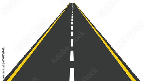 Straight asphalt road stretching into the horizon with a dashed white line in the middle and solid yellow lines on the edges.