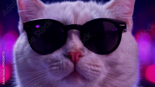 Funny white fluffy cat wearing black sunglasses close up against soft pastel background, stylish cool pet portrait. Concept of humor and trendy animal attitude