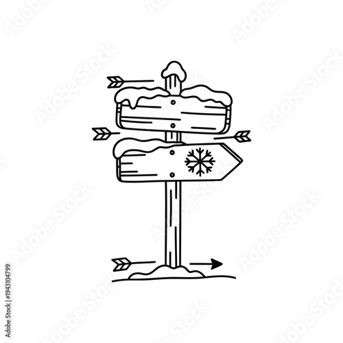 Wooden signpost with arrows and rustic winter motifs.