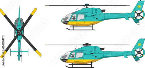 Modern helicopter aircraft multiple views side and top detailed aviation transport chopper vector illustration isolated on background