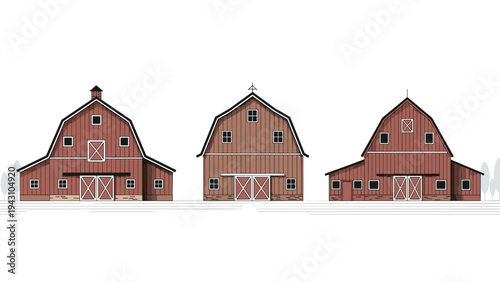 Set of three traditional red wooden barns with various roof styles and white trim, isolated against a minimalist white background.