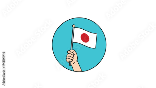 Illustration of a hand holding the national flag of Japan on a pole set against a bright turquoise circular background.
