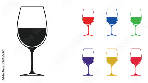 Set of wine glass icons showing a single large black glass and six smaller glasses in different bright colors.
