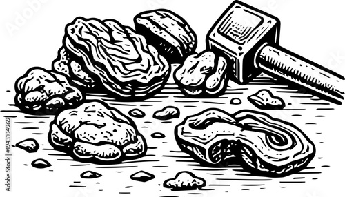 Black and White Vintage Vector Illustration of Raw Gold Nuggets Ore Rocks and Mining Hammer