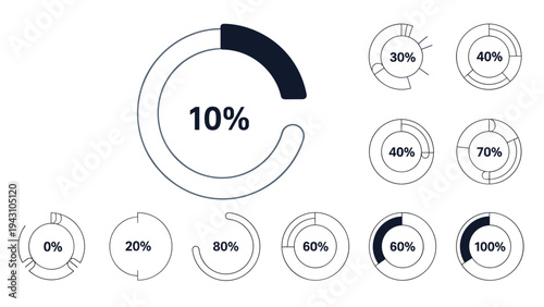 Collection of circular progress or data visualization charts showing different percentages from zero to one hundred.