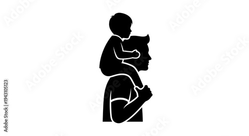 Father carrying little child on shoulders.