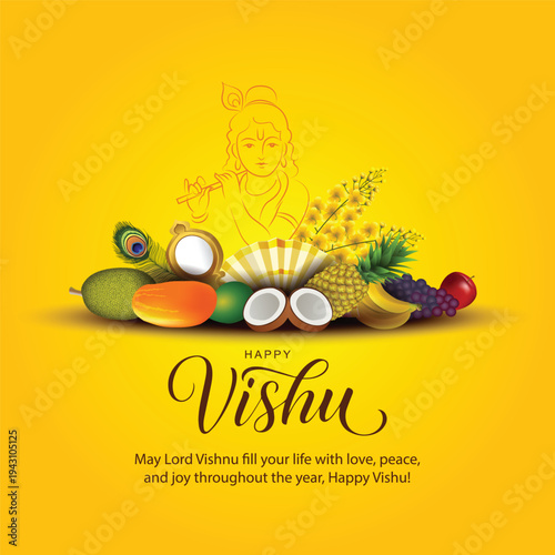 Happy Vishu greetings. April 14 Kerala festival with Vishu Kani, vishu flower Fruits and vegetables in a bronze vessel. vector illustration design