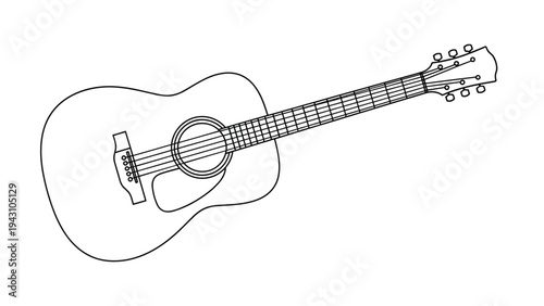Detailed black and white line art drawing of an acoustic guitar shown in a diagonal orientation on a white background.