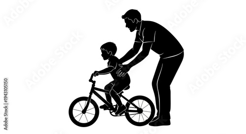 Father teaching son to ride bike.