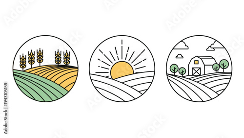 Collection of three circular agriculture icons featuring golden wheat fields, a rising sun over hills, and a classic farm barn.
