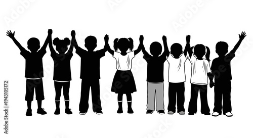 Group of children raising their hands.