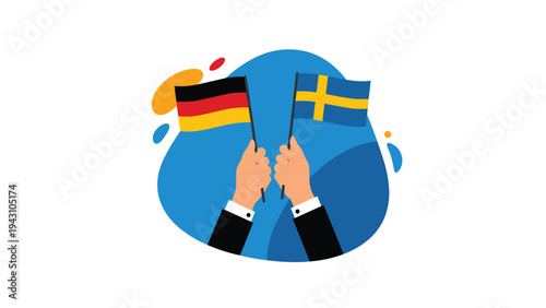 Hands holding flags of Germany and Sweden against a blue abstract background, symbolizing international relations or sports matches.