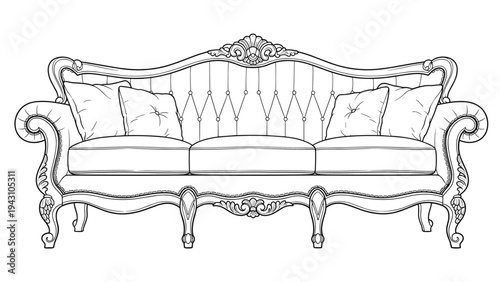 Detailed line drawing of an ornate classical sofa with decorative carvings and plush pillows, reflecting luxury and traditional interior style.