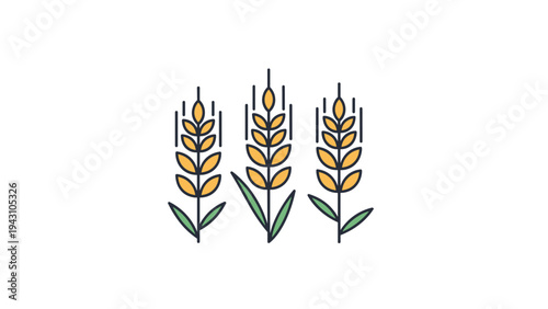 Three golden stalks of wheat with small green leaves at the base, representing harvest, agriculture, bread production, and abundance.
