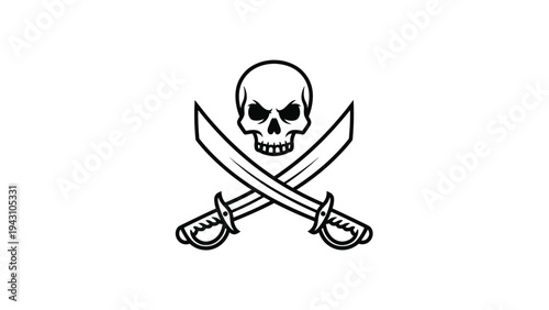 Classic pirate symbol featuring a human skull and two crossed swords in black and white, known as the Jolly Roger for seafaring themes.