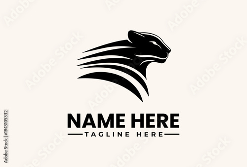 Foto A black panther logo with flowing lines and a placeholder text for a company name and tagline on a beige background, featuring a vector illustration style