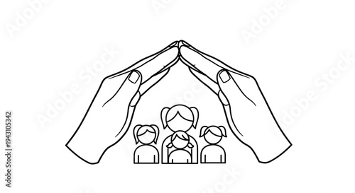 Hands shielding a family group.