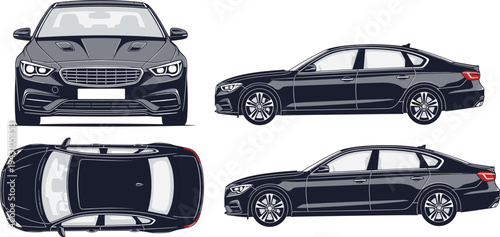 Modern luxury sedan car multiple views front side and top detailed automobile transport vehicle vector illustration isolated on background