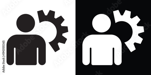 Human resources and industrial workforce icon. A person silhouette integrated with a large mechanical gear, representing technical skills, engineering labor, or automated user roles.