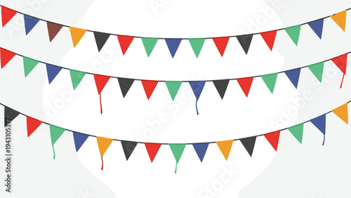 Three strings of colorful triangle bunting flags in red, blue, green, and yellow, used for celebrations, birthdays, and festive events.