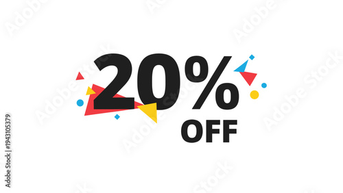 Bold text stating twenty percent off decorated with colorful geometric triangles and circles, ideal for sales and promotional advertisements.