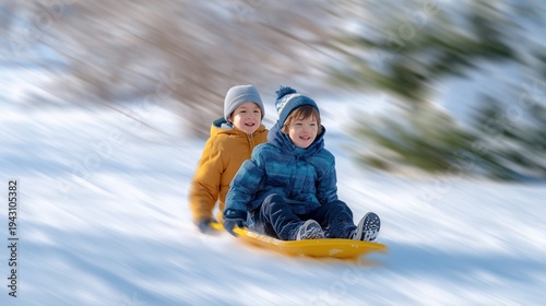 Wallpaper Mural Two Boys Sledding Down Snowy Slope Torontodigital.ca