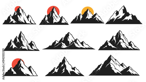 Set of diverse mountain peak silhouettes, some featuring rising suns in red or orange, representing nature, adventure, and exploration.