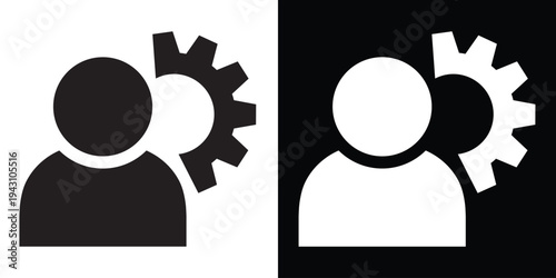 Human resources and industrial workforce icon. A person silhouette integrated with a large mechanical gear, representing technical skills, engineering labor, or automated user roles.