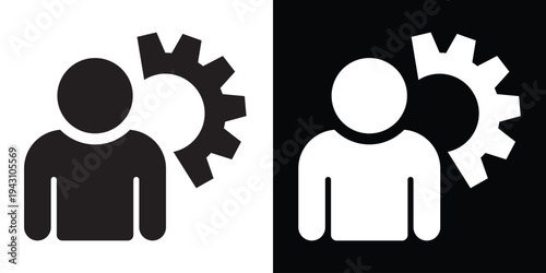 Human resources and industrial workforce icon. A person silhouette integrated with a large mechanical gear, representing technical skills, engineering labor, or automated user roles.