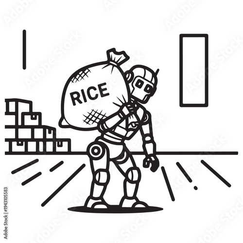 Stylized Robot Carrying Large Bag of Rice, Minimalist Line Art