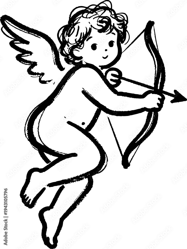 Fototapeta premium Cherubic cupid with bow and arrow flying angelic figure classic mythology love symbol black and white line art