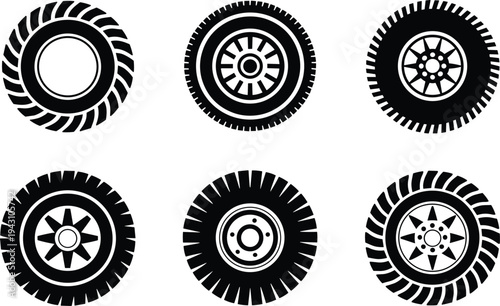 All Terrain Tire Silhouette Collection, Off Road Truck And Tractor Wheel Vector Set For Automotive And Industrial Design