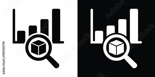 Data analysis and inventory tracking icon. A bar graph with a magnifying glass focusing on a 3D cube, symbolizing logistics inspection, stock market research, and product analytics.