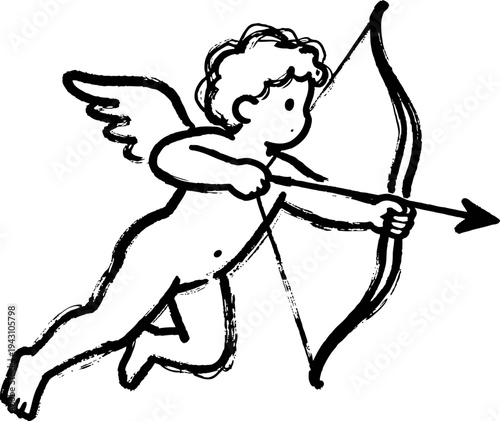 Cupid with bow and arrow flying, charming romantic angel vector illustration
