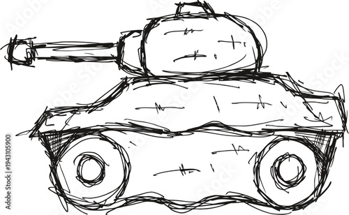 hand drawn sketch of a military tank with turret and large wheels