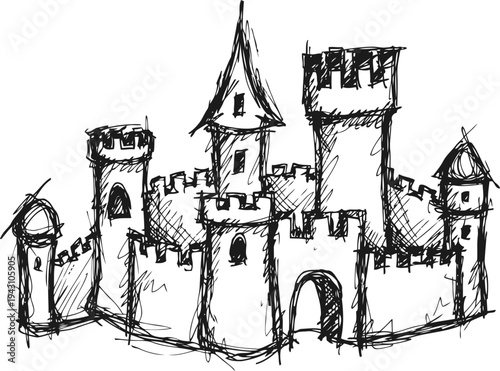 Sketch of a medieval castle with fortified walls and towers in black ink drawing